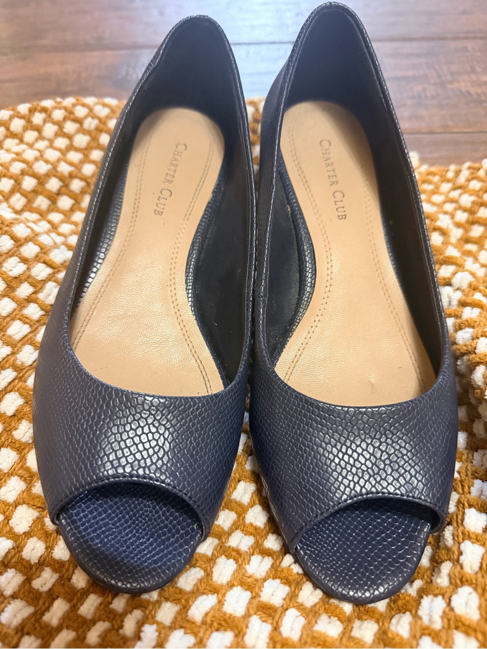 Charter Club Navy Peep-Toe Wedges with Textured Finish